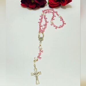 Vintage Handmade Silver Cross & Pink Heart Ribbon Stretchy Rosary Glass & Metal